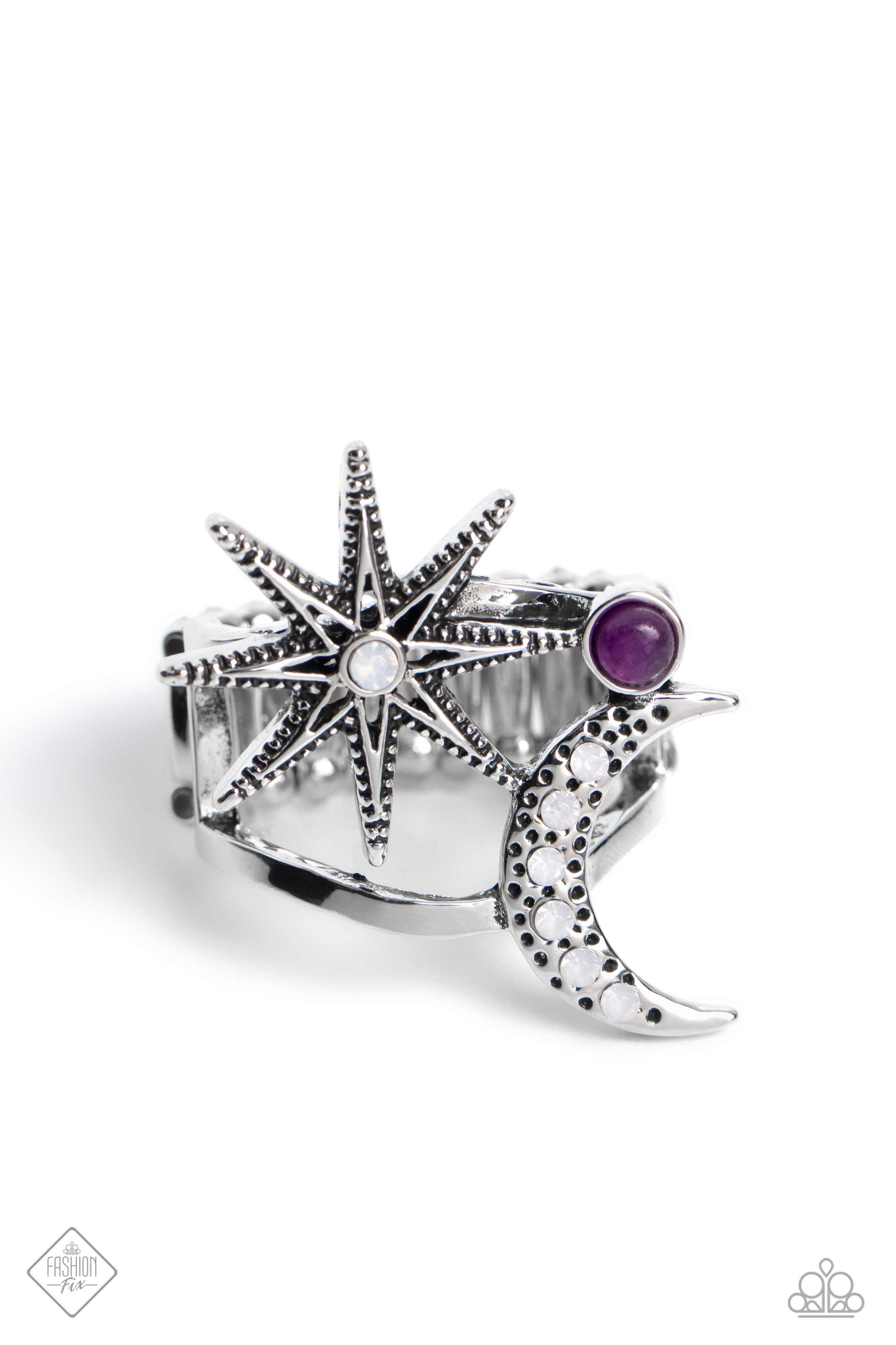 silver and moon ring, with stretchable band