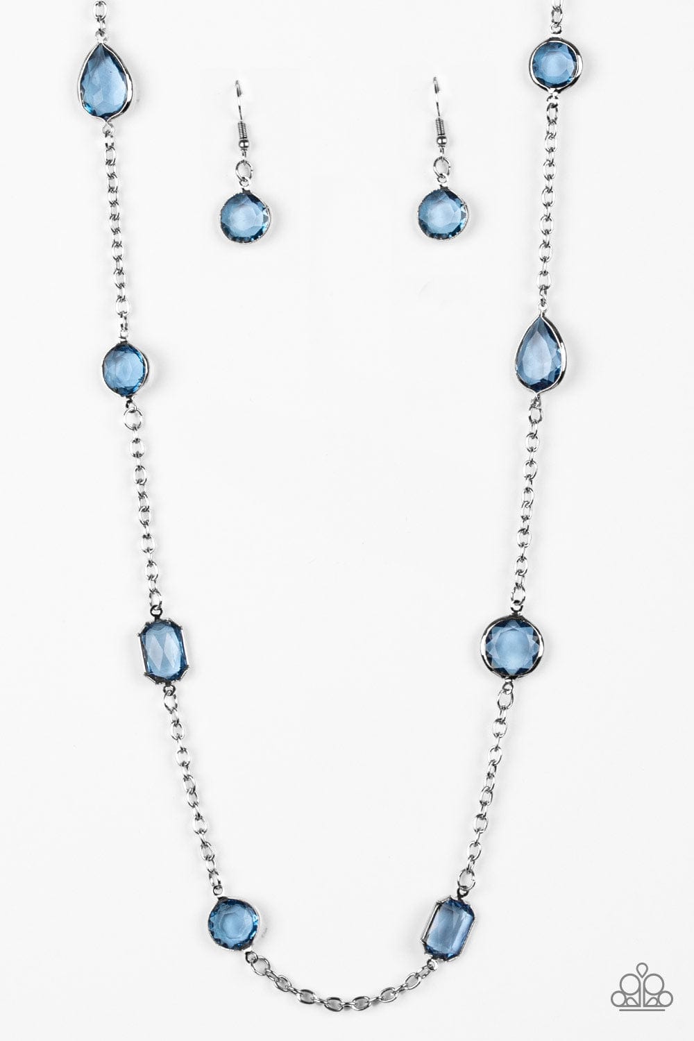 Ladies Long Silver Necklace with glassy Blue Depths gemstones - GODDESSBLINGS