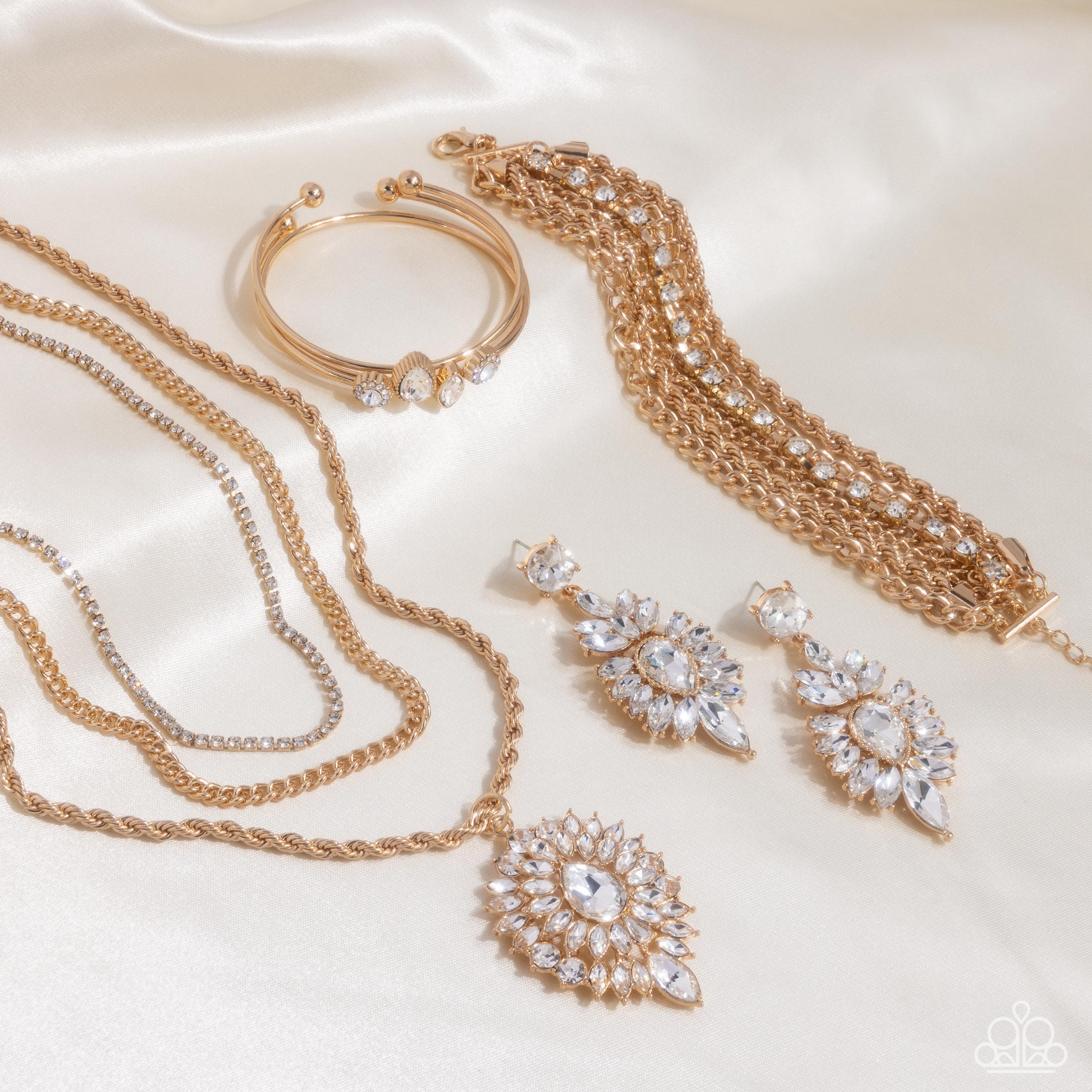 Fashion Jewelry - Gold rhinestone layered necklaces with statement piece pendant,  Wear for any events and make a statement in the room.