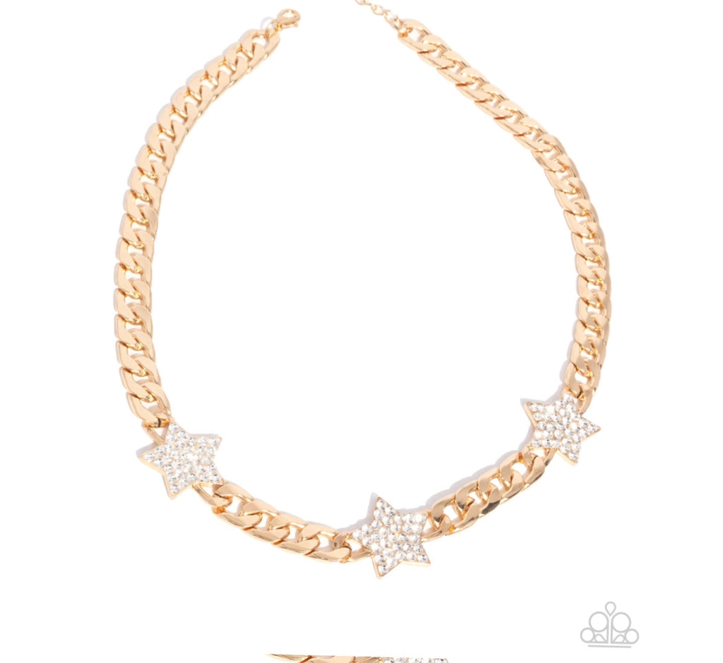 "Uncle Sam Star gold curb chain necklace with three crystal-encrusted star charms"