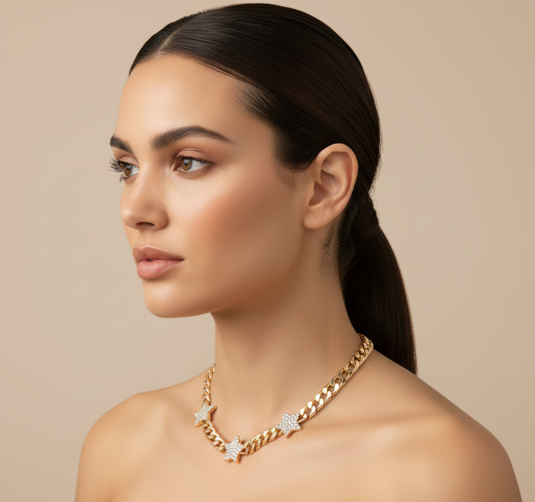 "Uncle Sam Star gold necklace worn by model, side view showing chunky chain and crystal stars