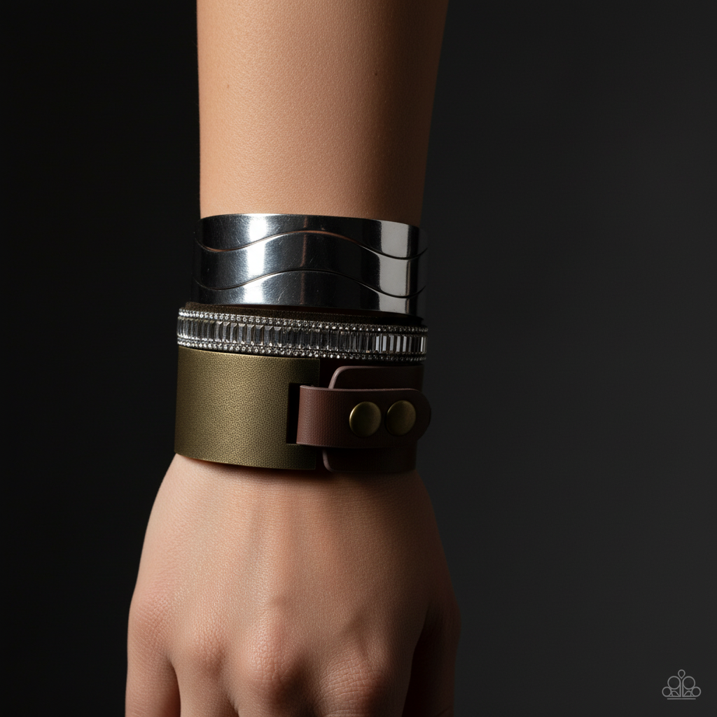 Close-up layered bracelet stack with dramatic lighting