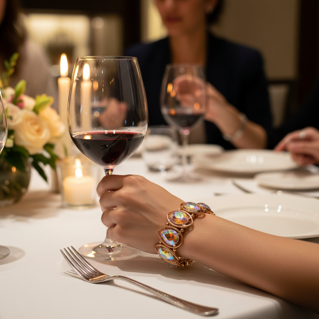 Gold Rhinestone Bracelet on Model at Elegant Dinner