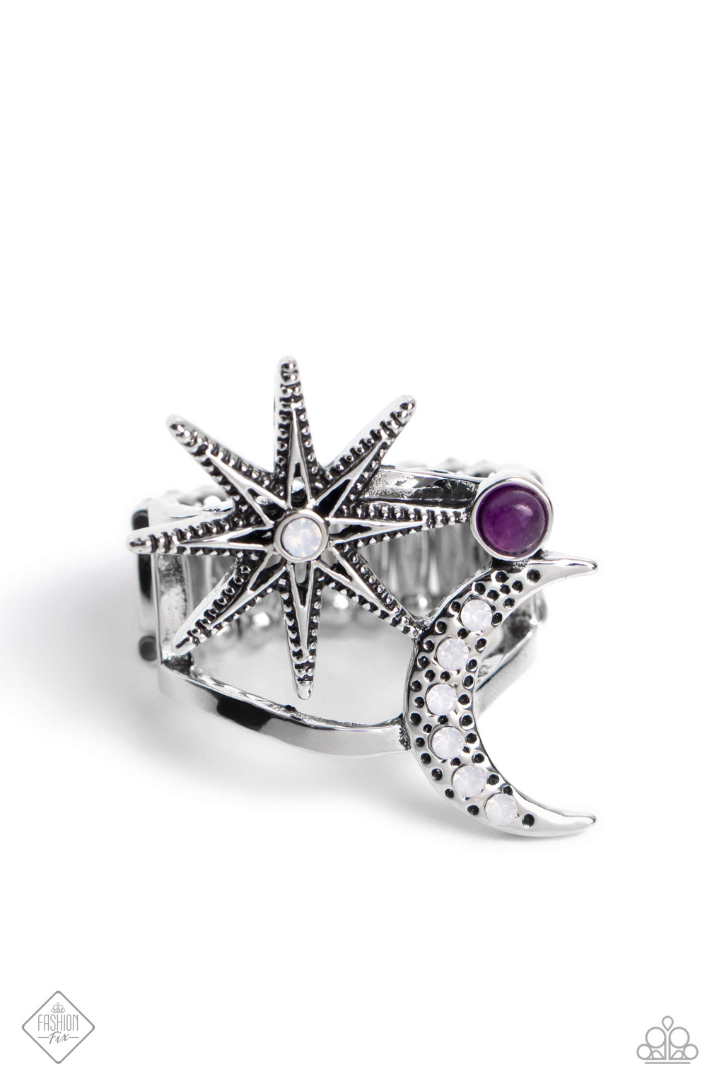 silver and moon ring, with stretchable band