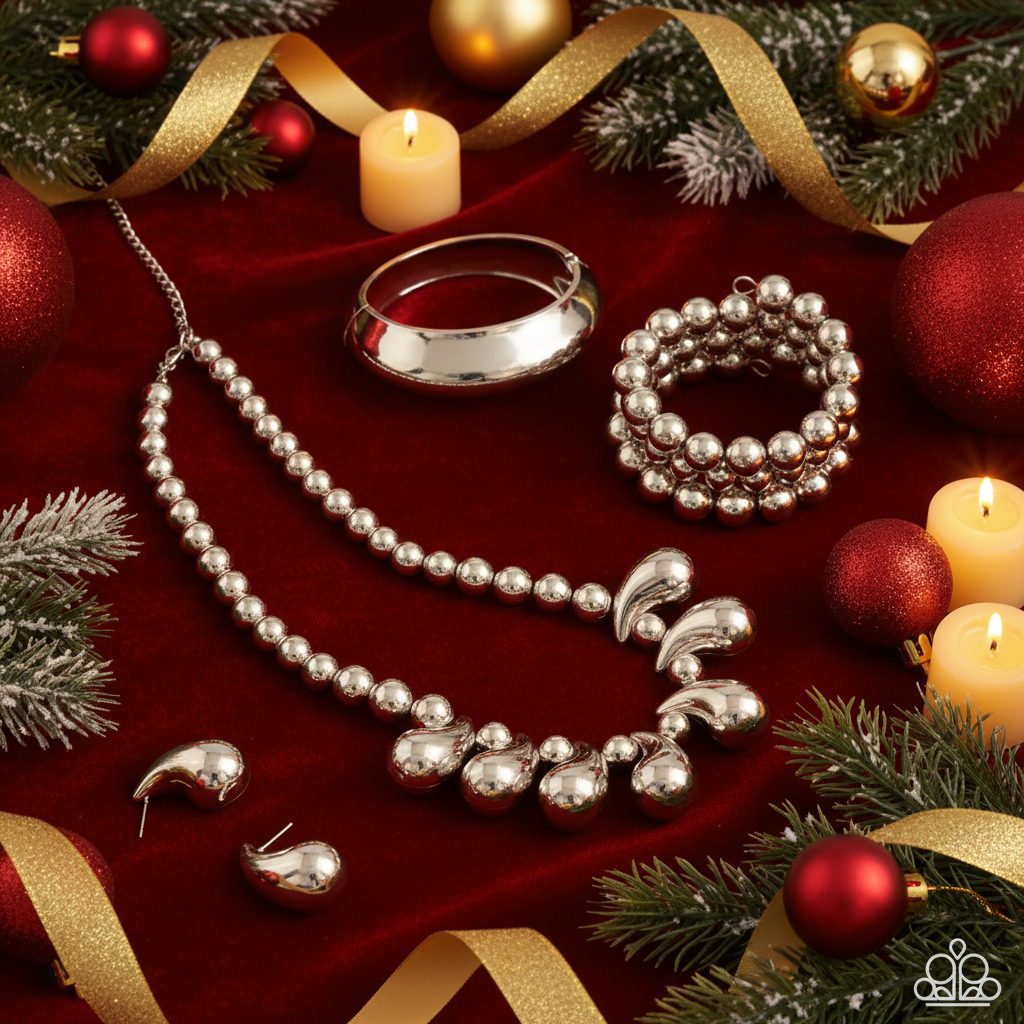 Traditional Holiday Red Velvet Display with silver teardrop necklace and bangles 