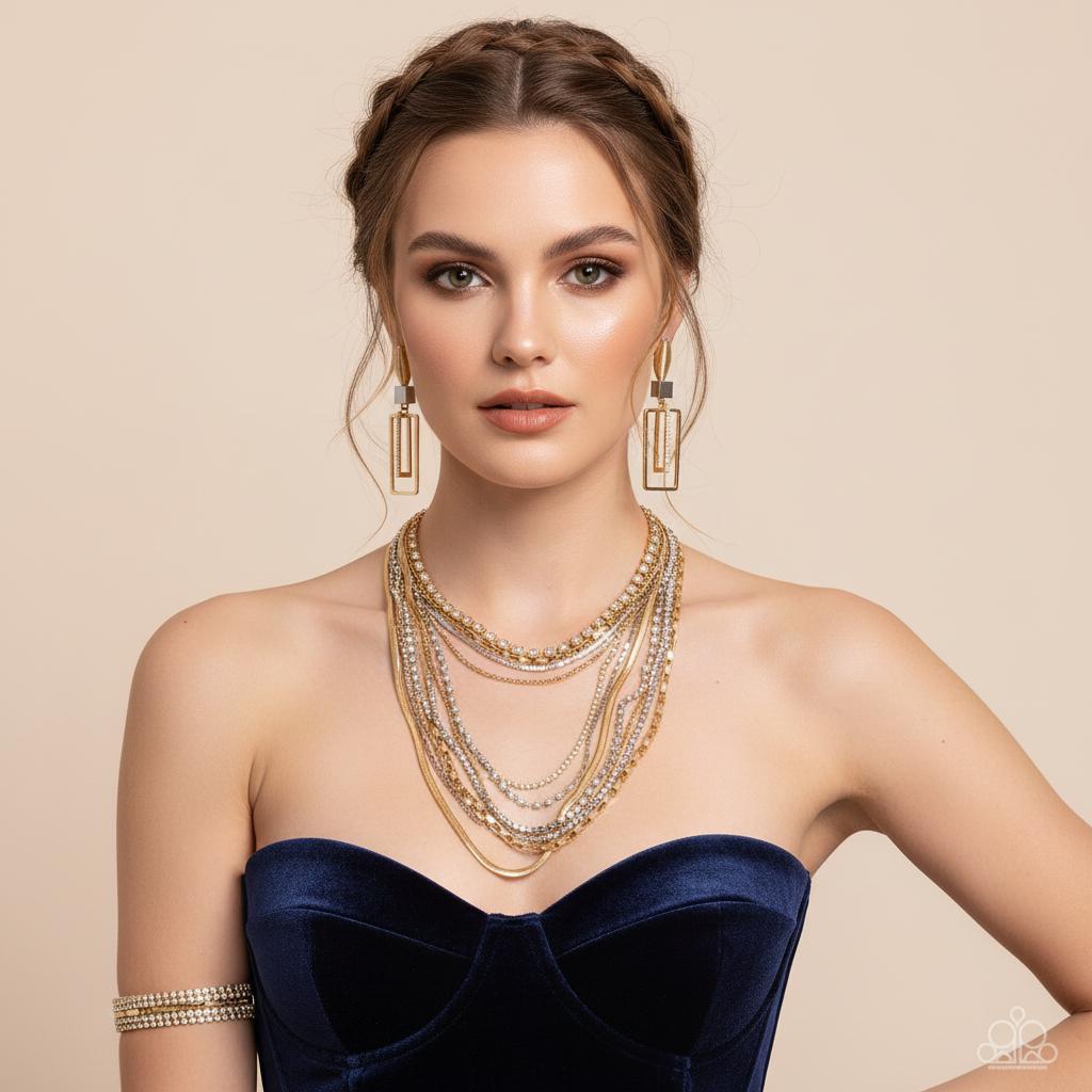 White model in navy bustier