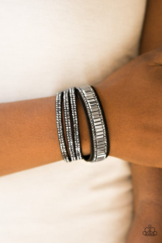 Womens Black Silver Suede Rhinestone Bracelet - GODDESSBLINGS